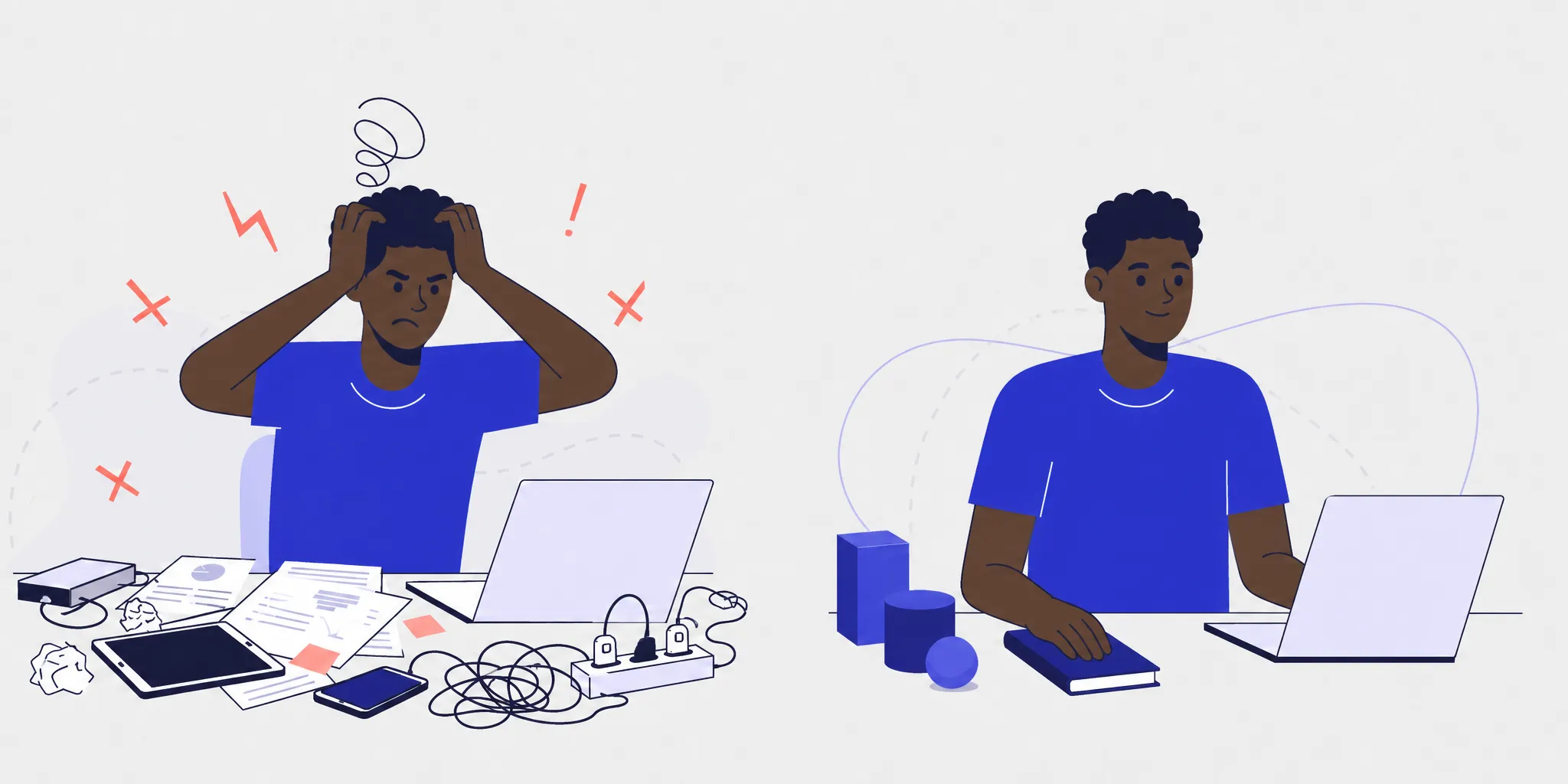 A frustrated Black analyst pulling at his hair amid reports, devices and tangled cables