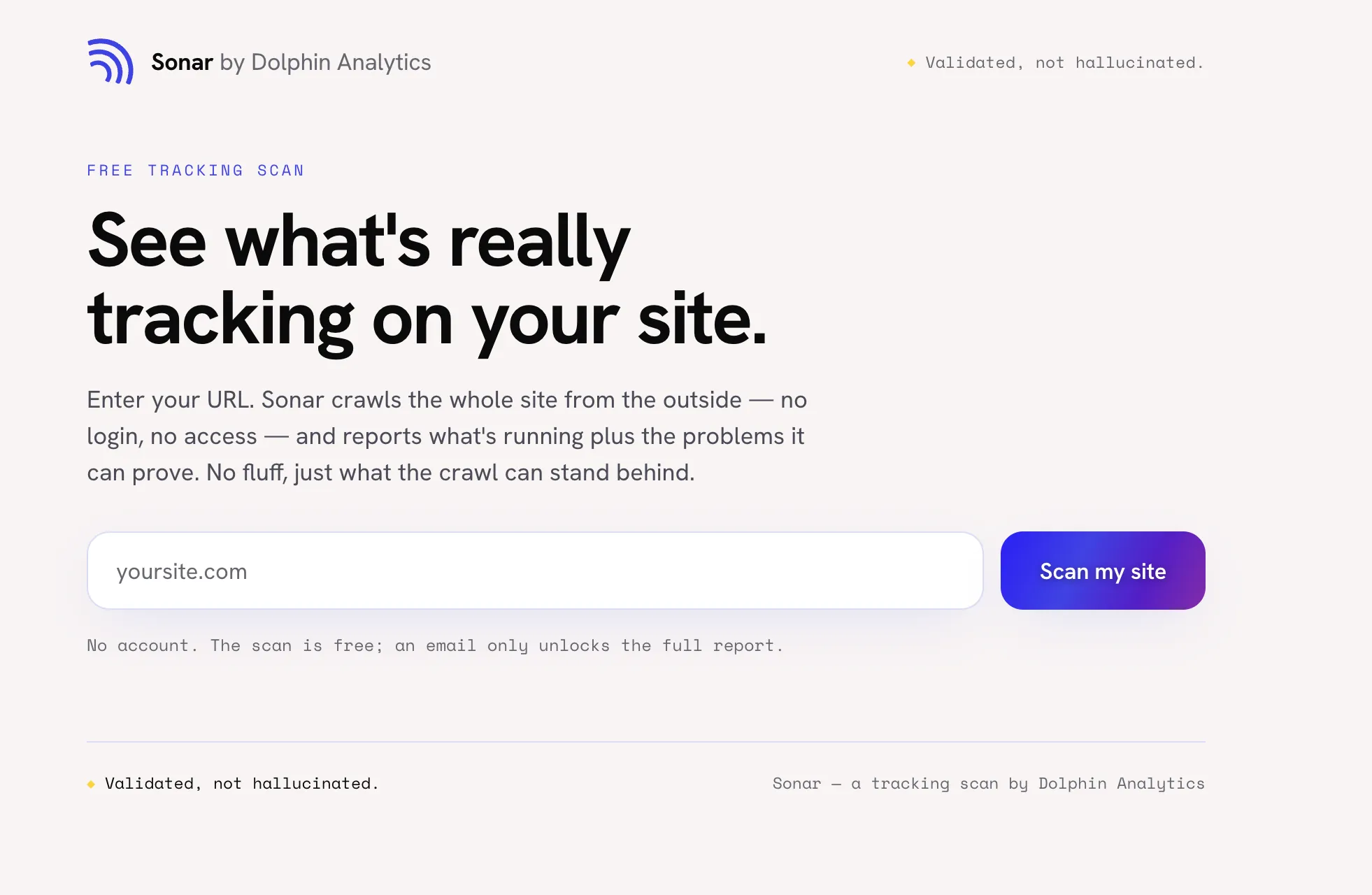 The Sonar scan page: paste a URL, press Scan my site, no account needed