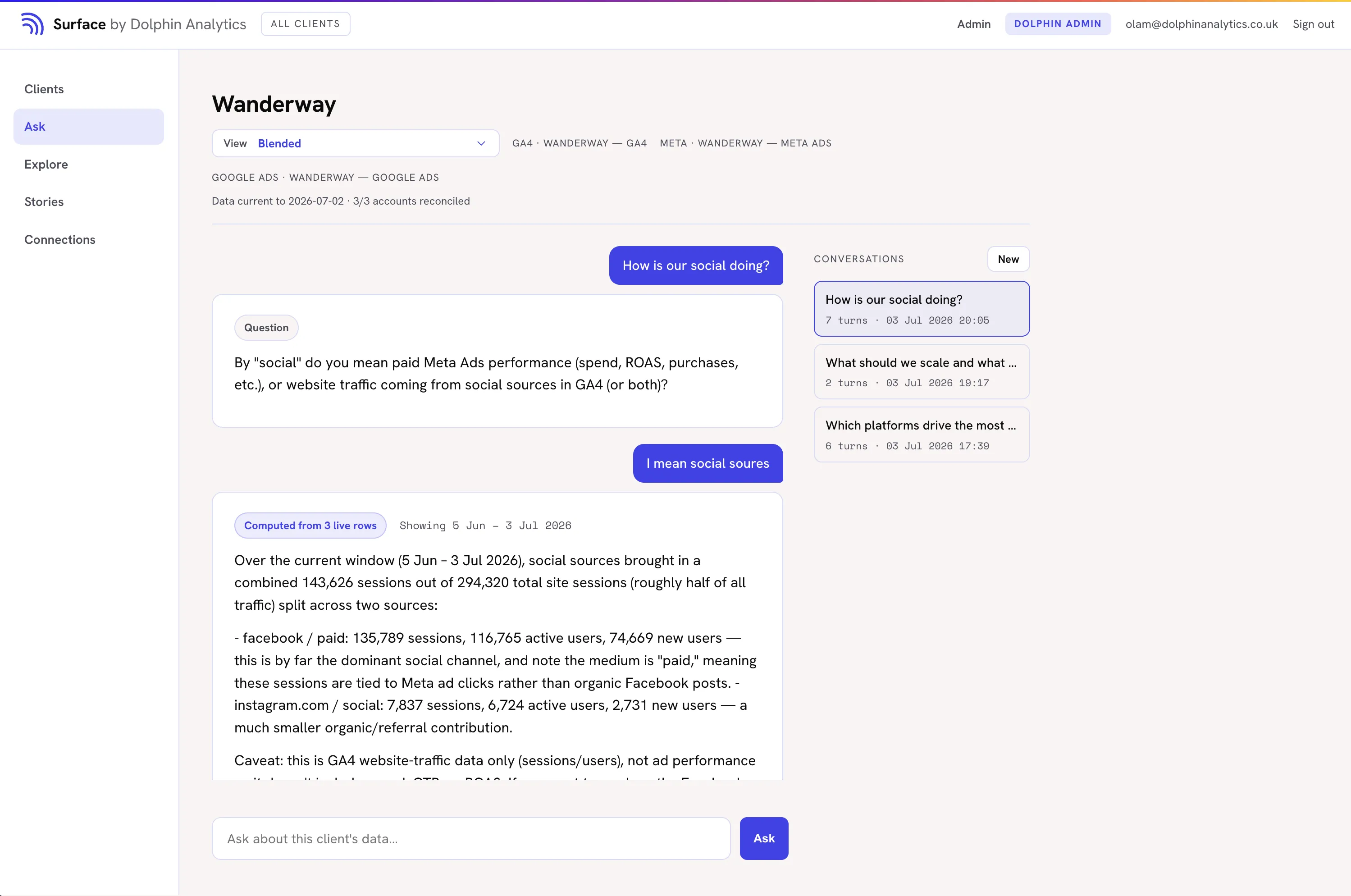 Surface's Ask view: a plain-English question about social performance, answered with figures computed from live rows
